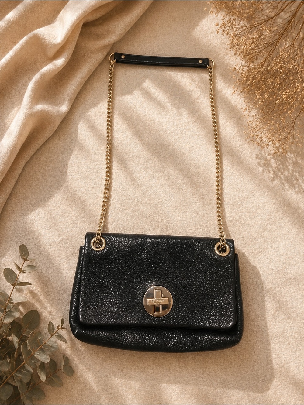 kate spade Black Leather Crossbody with Gold Chain